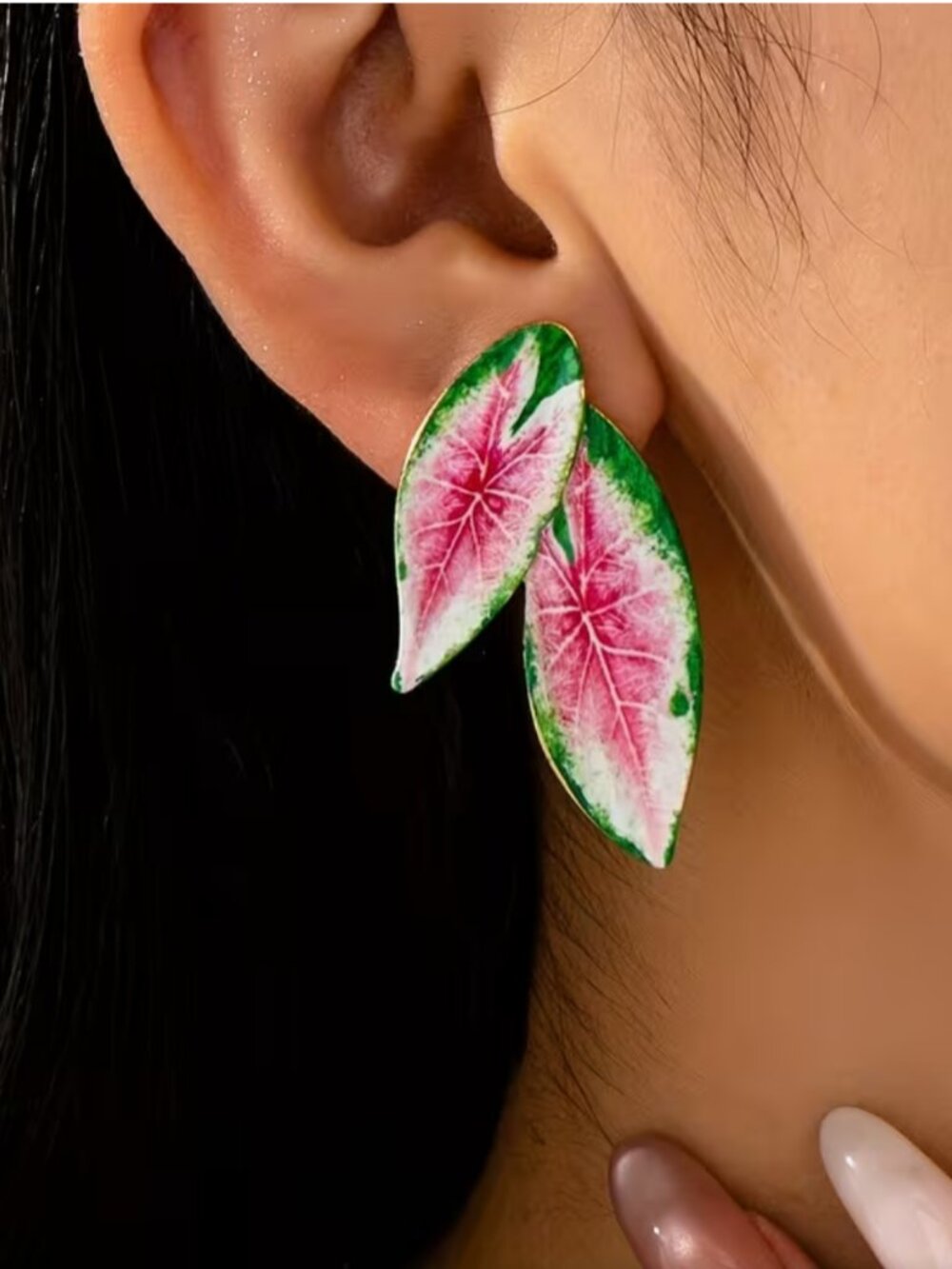 NEW Pink and Green Enamel Caldium Tropical Leaf Earrings